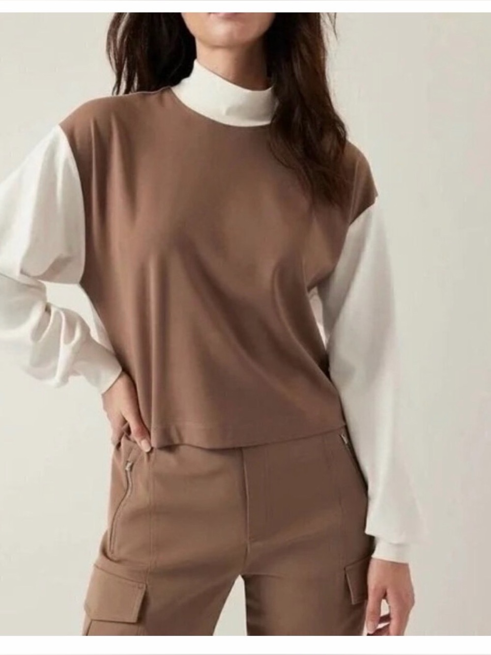 Athleta Women's Two-Tone Mock Neck Top and Bottoms- Brown & White